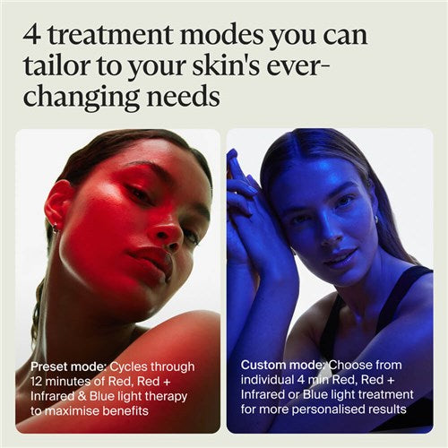 Therabody LED mask showing red and blue light therapy modes for customizable skin treatment