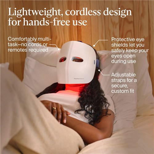 Therabody LED mask with lightweight cordless design, adjustable straps, and protective eye shields for hands-free use