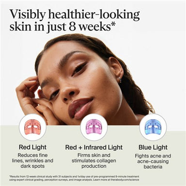 Therabody LED mask with red, red plus infrared, and blue light therapy for healthier skin in 8 weeks