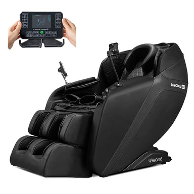 Lifespan Fitness black LuxCloud massage chair with remote control and footrest for full body relaxation