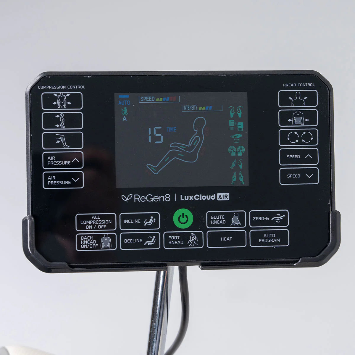 Lifespan Fitness massage chair control panel with digital display and multiple settings