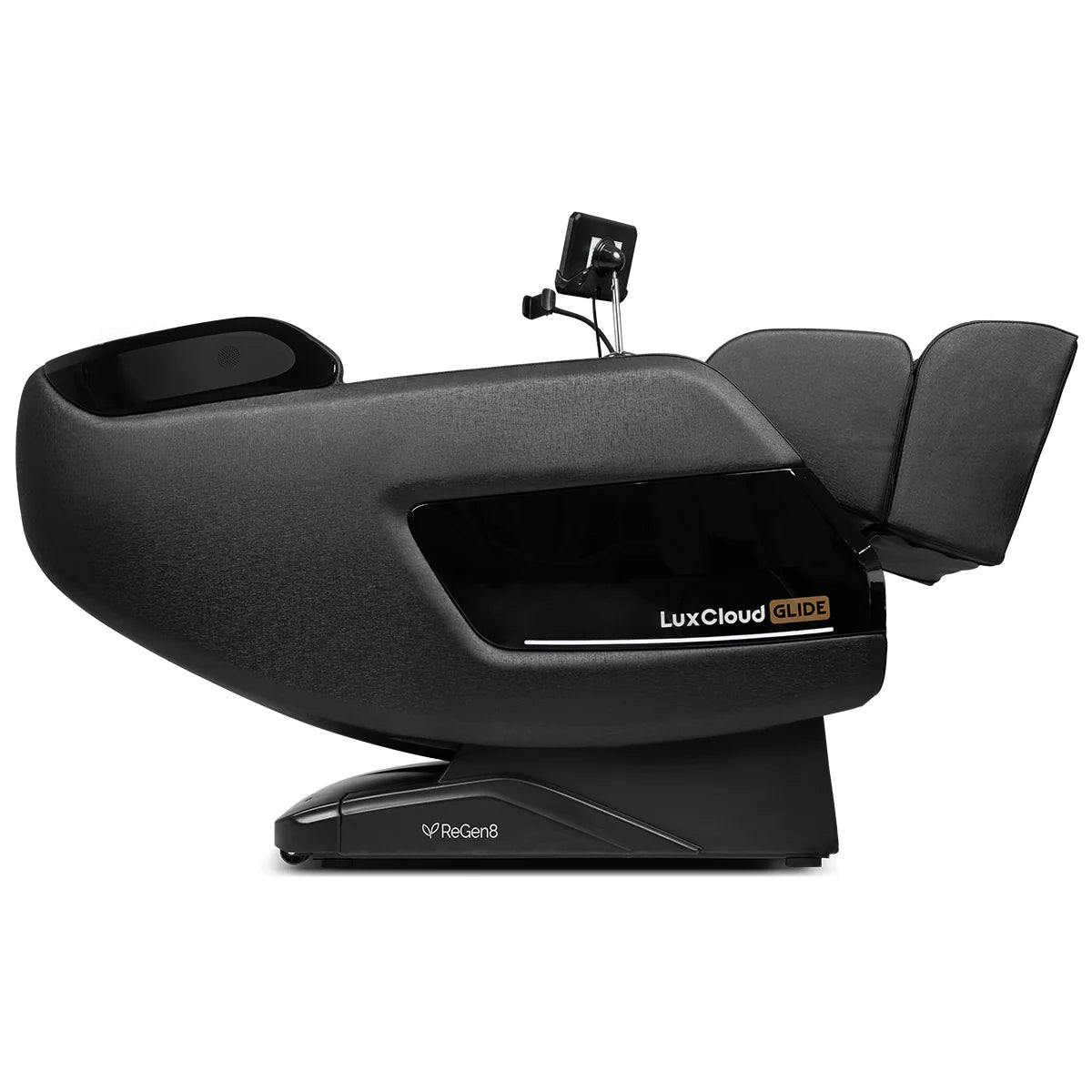 Lifespan Fitness LuxCloud Glide massage chair in black with reclined seating and digital control panel