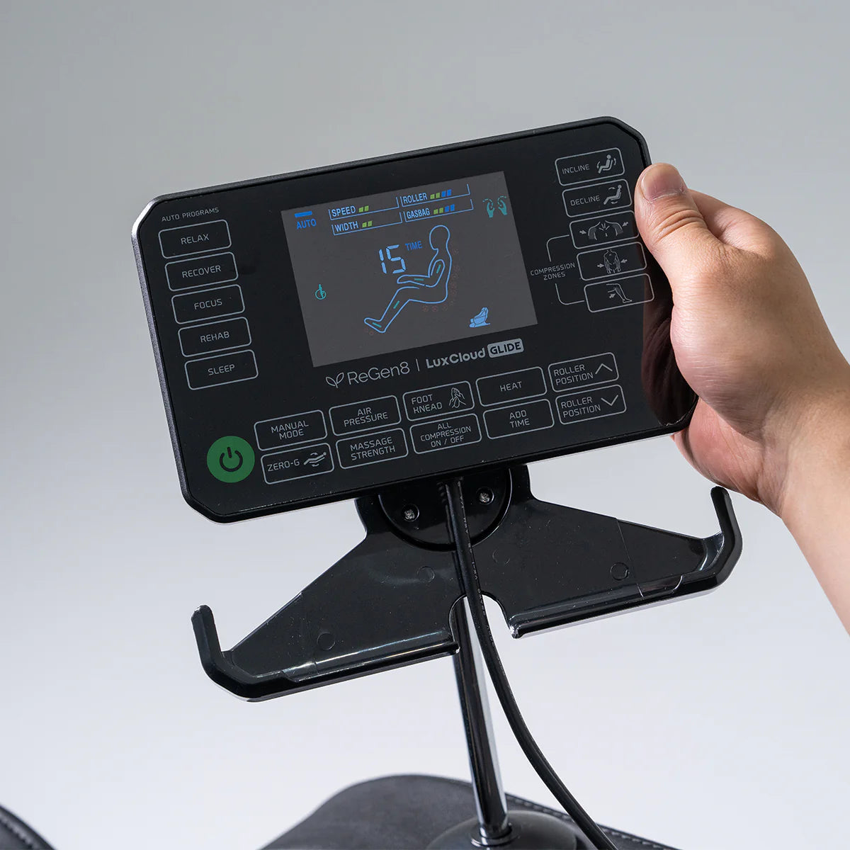 Lifespan Fitness massage chair digital control panel with screen and multiple function buttons