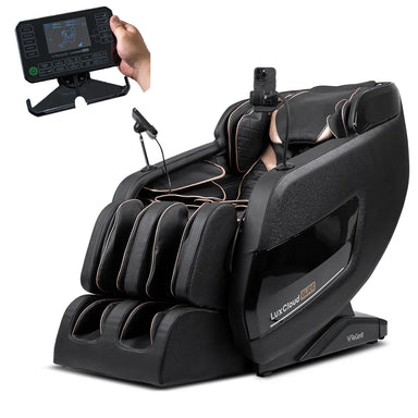Lifespan Fitness black LuxCloud Pro massage chair with touchscreen remote control and foot massager