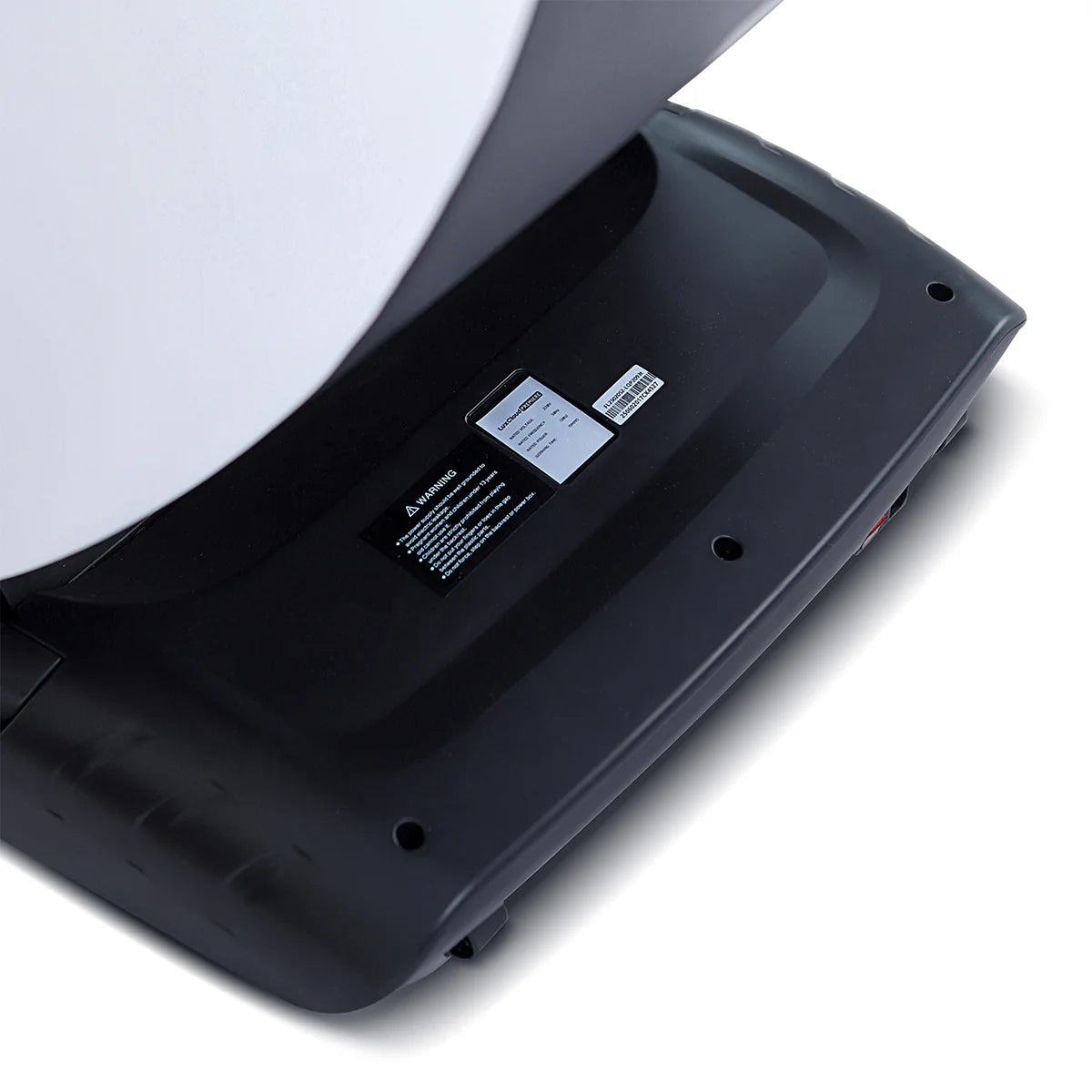 Close-up view of Lifespan Fitness massage chair black base with warning labels and barcode
