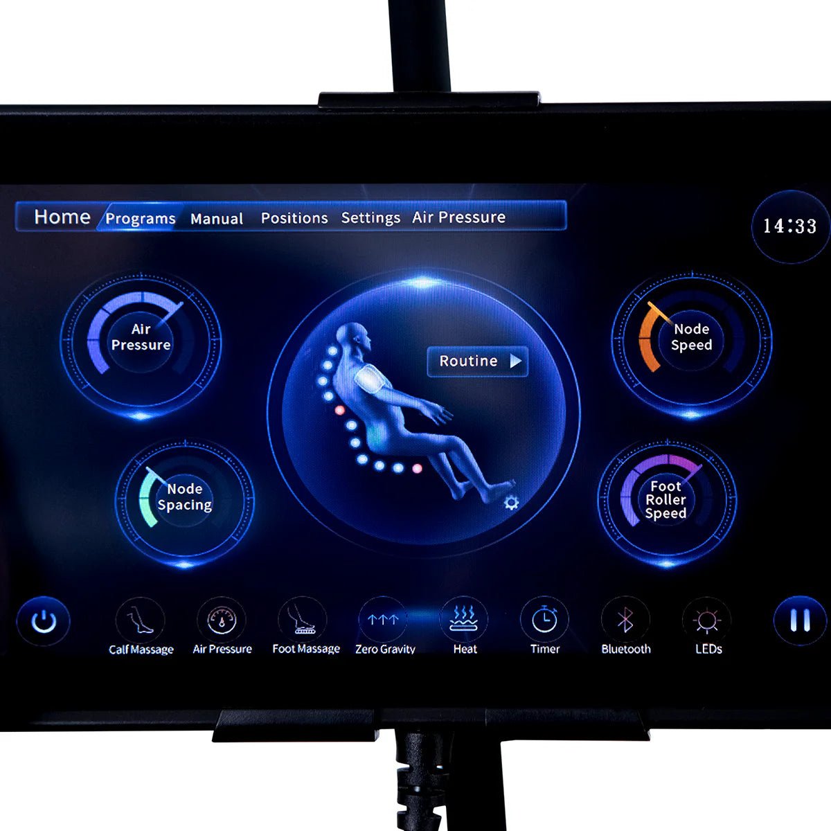 Lifespan Fitness massage chair digital control panel showing air pressure node speed and foot roller speed settings