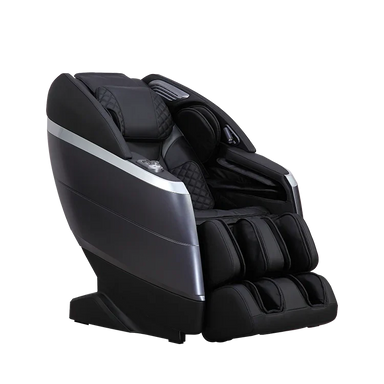Black and silver Masseuse massage chair with ergonomic design and padded cushions for full body relaxation