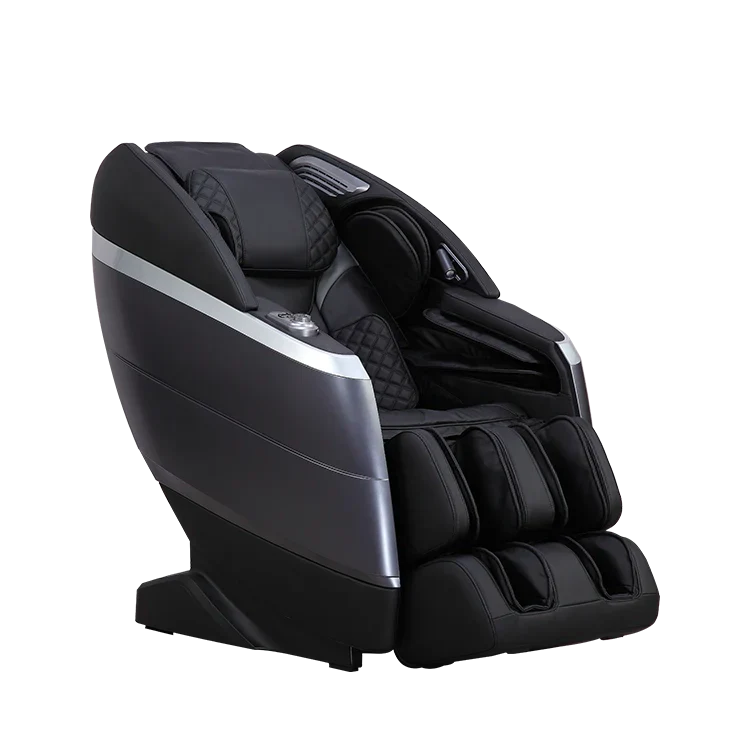 Black and silver Masseuse massage chair with ergonomic design and padded cushions for full body relaxation