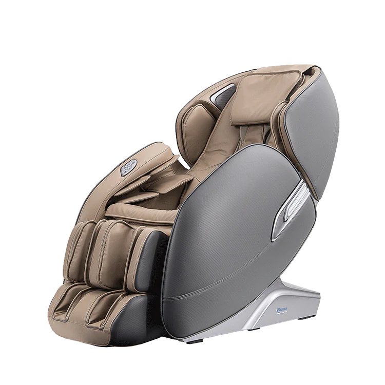 Masseuse massage chair in tan and gray with ergonomic design and multiple foot and back massage features