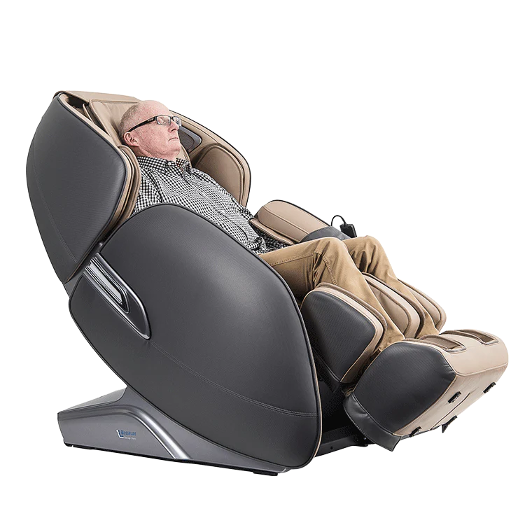 Masseuse massage chair in black and beige with an elderly man relaxing inside in reclined position