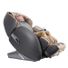 Masseuse massage chair in black and beige with an elderly man relaxing inside in reclined position