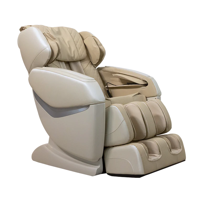 Beige Masseuse massage chair with cushioned armrests and leg support for full body relaxation