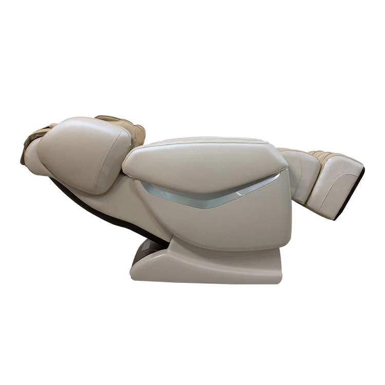 Beige Masseuse massage chair fully reclined with padded armrests and leg support in black background