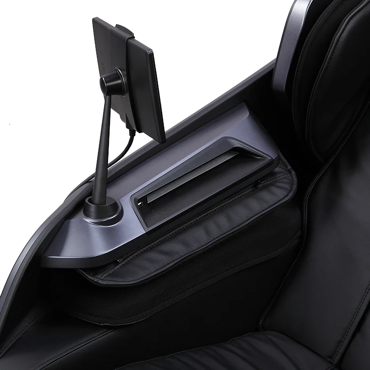 Black massage chair armrest with adjustable tablet holder and sleek modern design