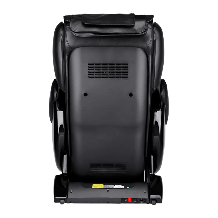 Back view of black massage chair by Masseuse Massage Chairs showing motor and vent details