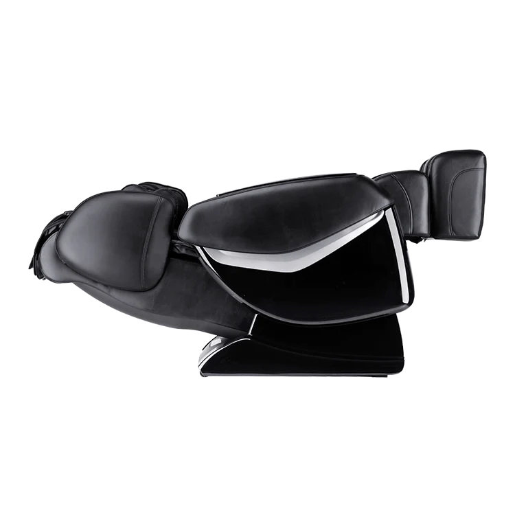 Black modern massage chair fully reclined for full body relaxation and comfort