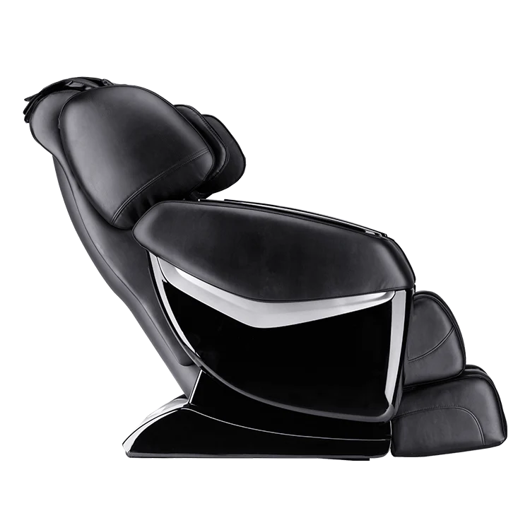 Black leather massage chair with sleek modern design and chrome accents by Masseuse Massage Chairs