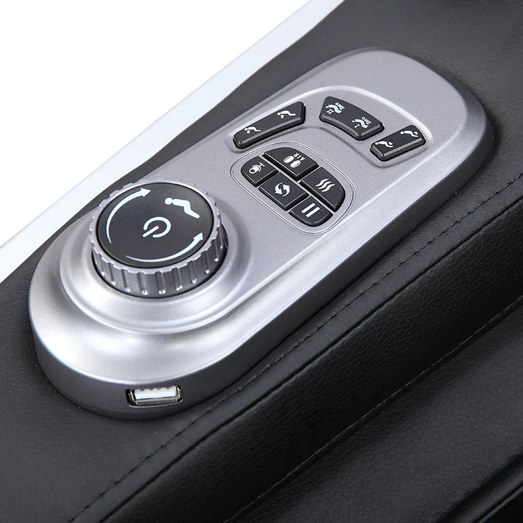 Control panel with buttons and dial for adjusting settings on Masseuse massage chair armrest