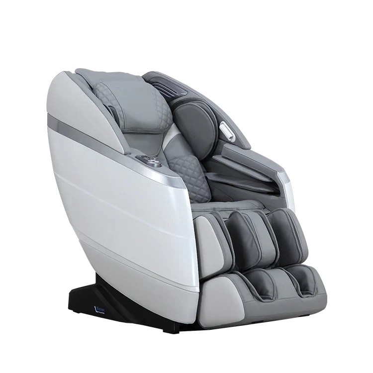 Masseuse Massage Chairs gray and white massage chair with cushioned armrests and footrest on black background
