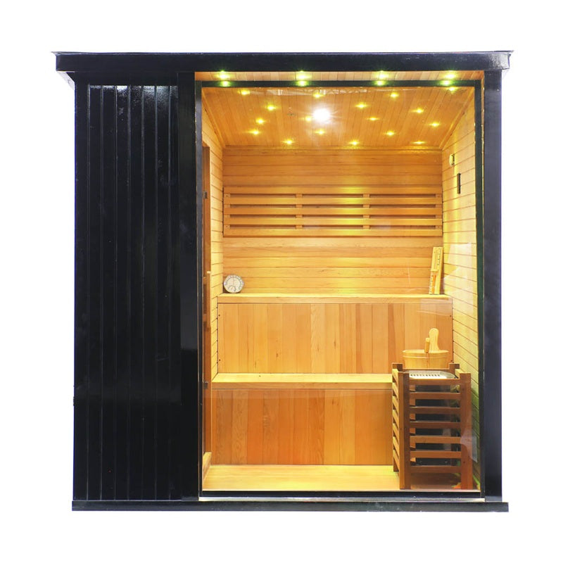 Stryke Recovery outdoor traditional sauna with wooden interior, bench seating, and warm LED lighting