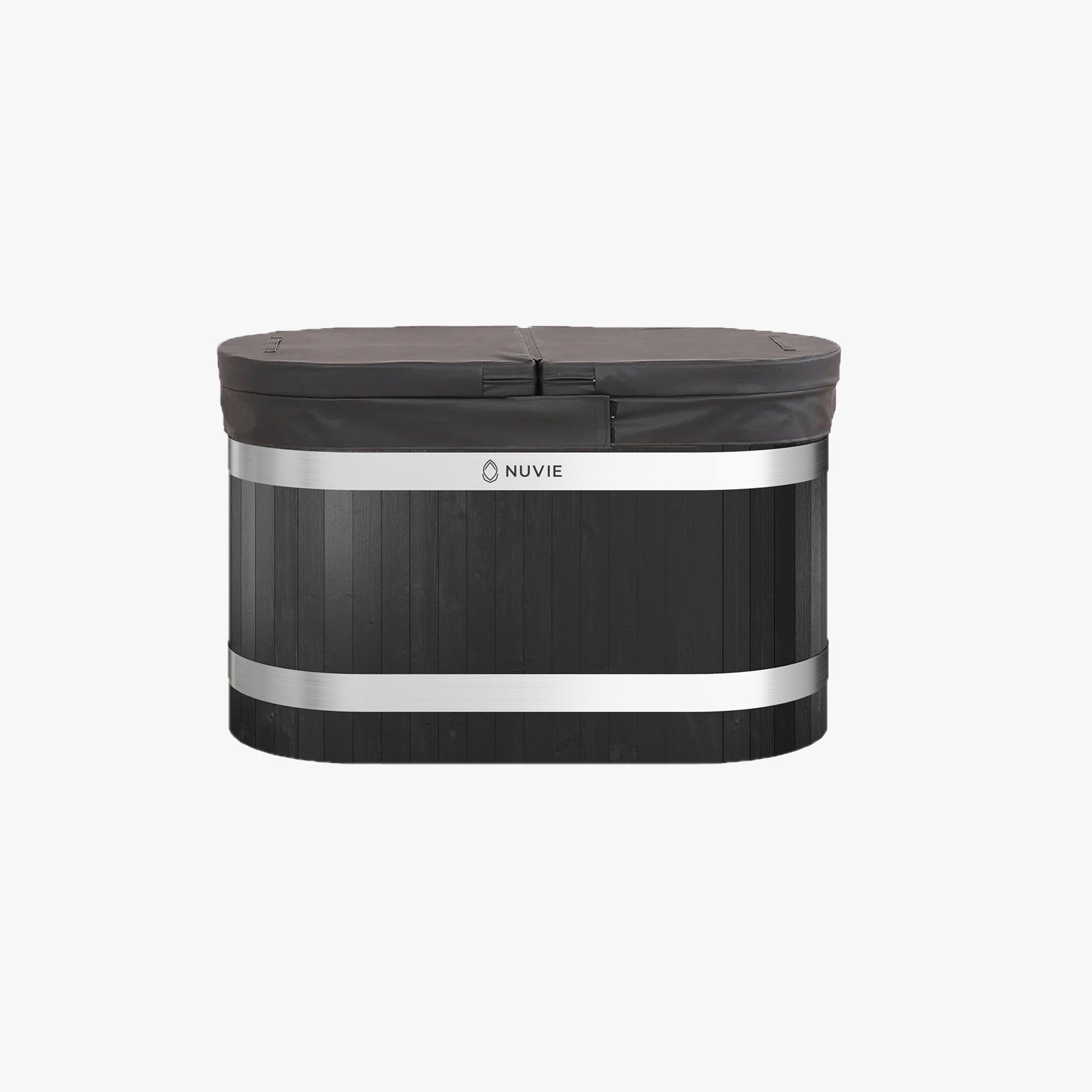 Nuvie black portable ice bath with silver bands and insulated cover for cold therapy