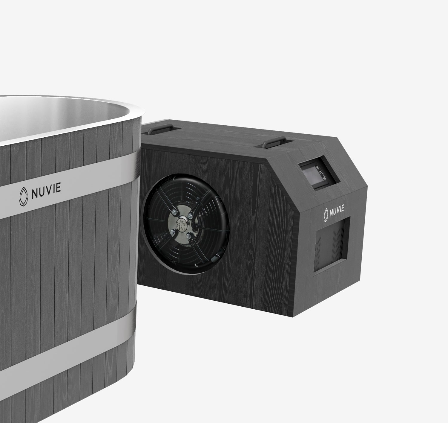 Nuvie ice bath with gray wooden exterior and connected black cooling unit with fan