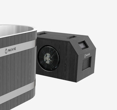 Nuvie ice bath with gray wooden exterior and connected black cooling unit with fan
