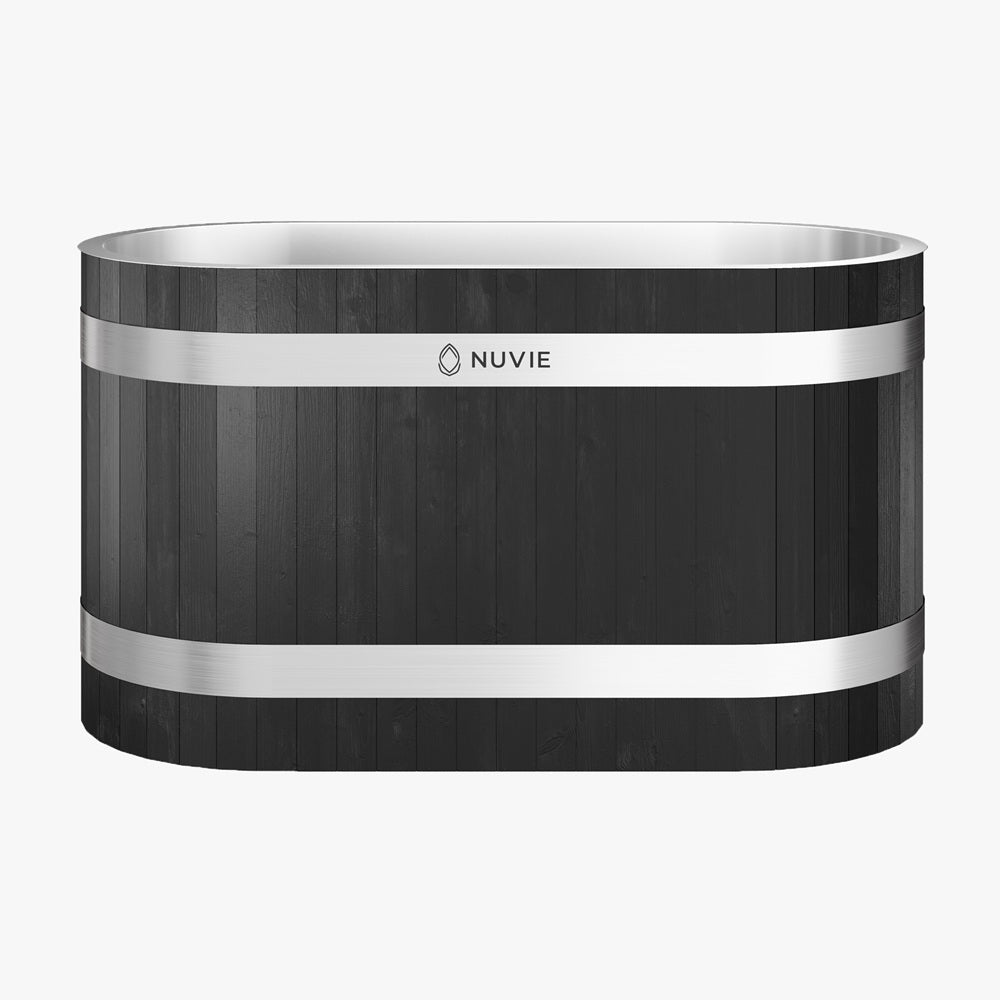 Nuvie black wooden ice bath with silver metal bands and logo on front