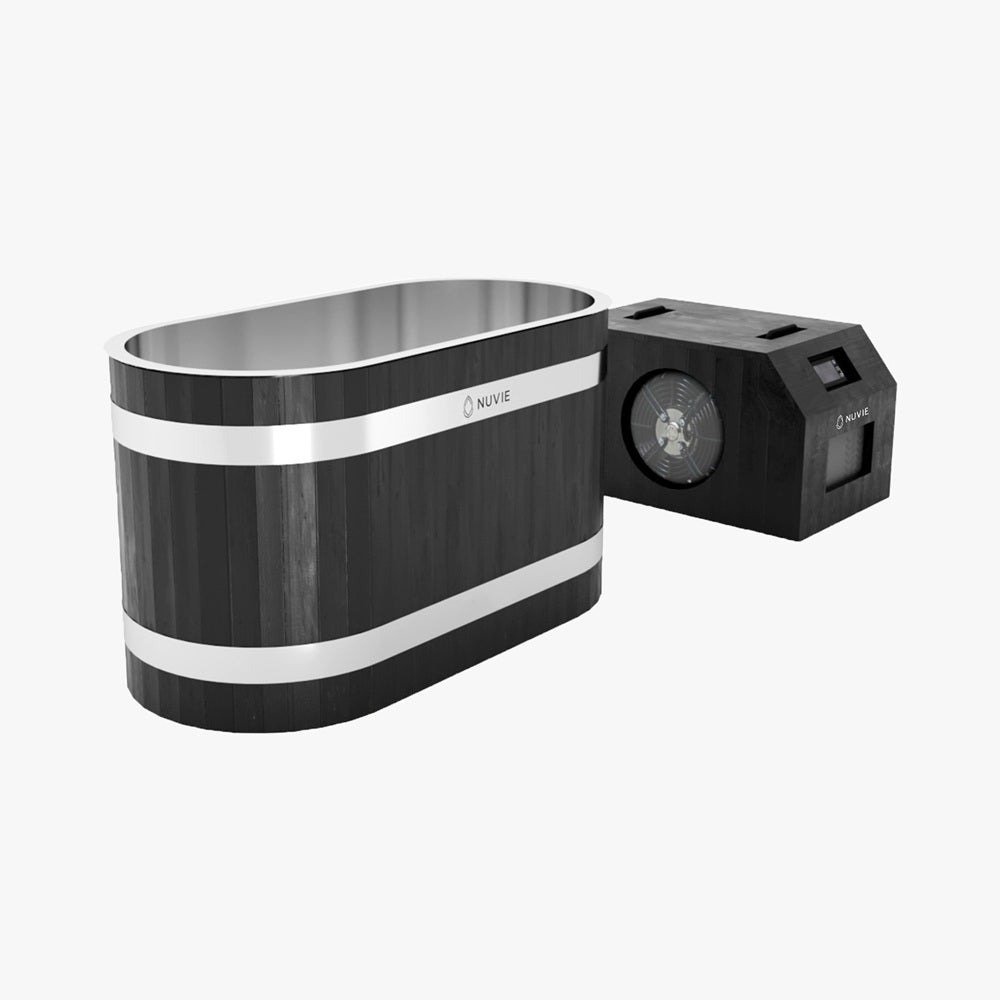 Nuvie ice bath with modern wooden design and advanced cooling unit for home recovery