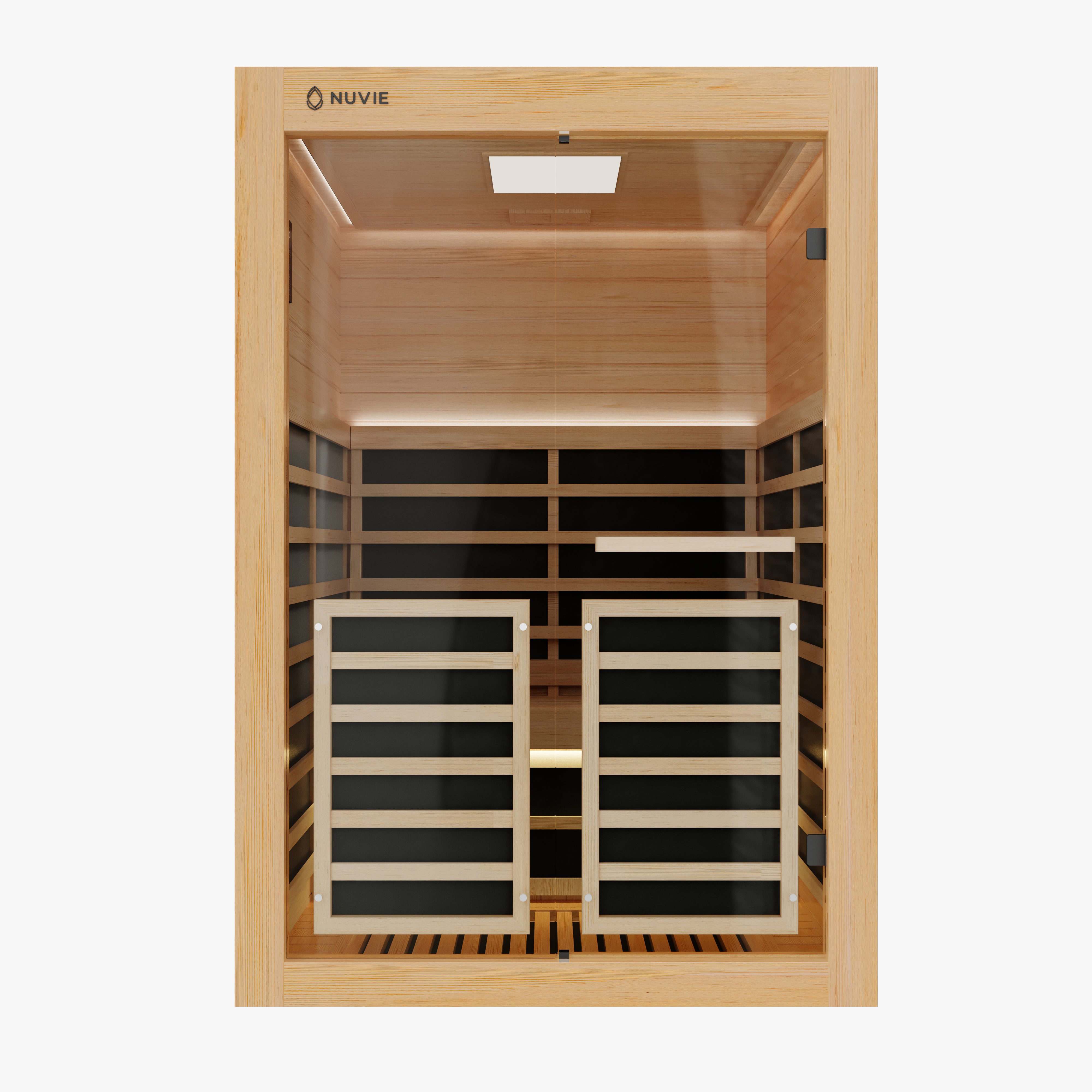 Nuvie infrared sauna with wooden frame and black heating panels inside for home relaxation
