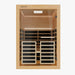 Nuvie infrared sauna with wooden frame and black heating panels inside for home relaxation