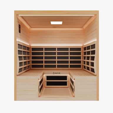 Nuvie infrared sauna with wooden interior and modern LED lighting for home relaxation