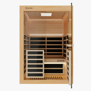 Nuvie infrared sauna with wooden frame and glass door designed for home relaxation