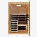 Nuvie infrared sauna with wooden frame and glass door designed for home relaxation