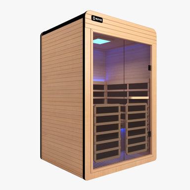 Nuvie infrared sauna with wooden exterior and glass front door featuring interior seating and lighting