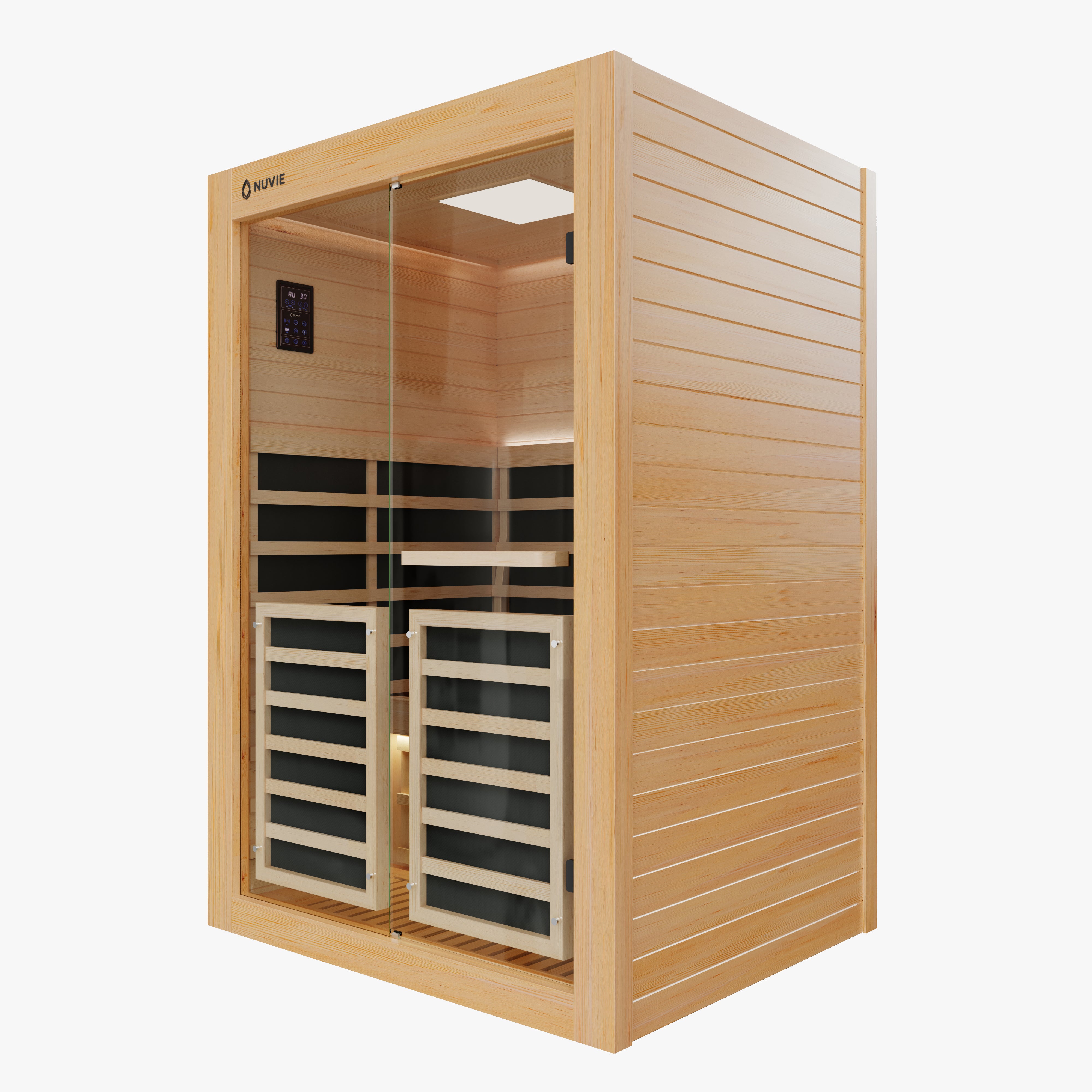 Nuvie infrared sauna with wooden frame and glass door designed for home relaxation and wellness