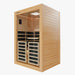 Nuvie infrared sauna with wooden frame and glass door designed for home relaxation and wellness