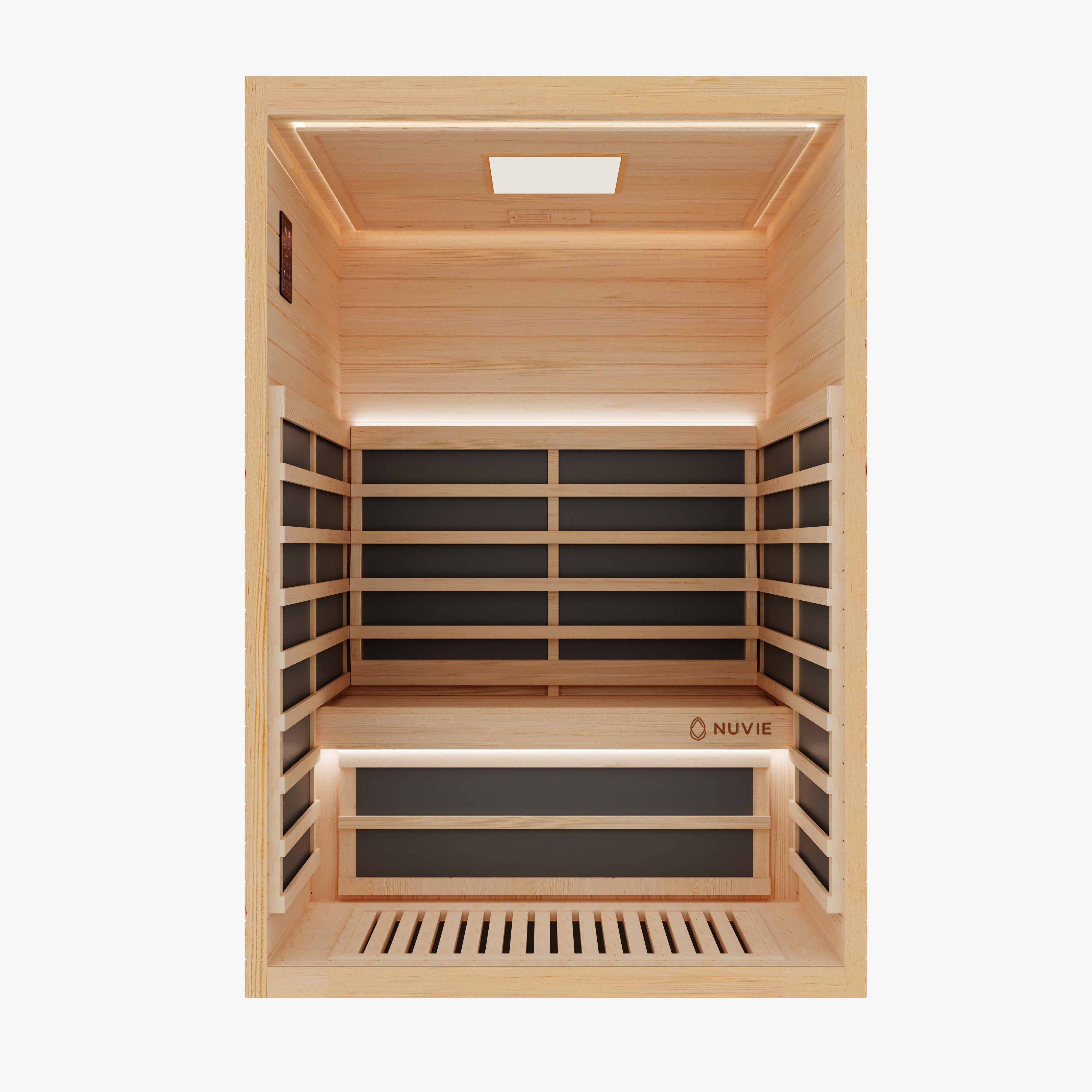 Nuvie infrared sauna with wooden interior and black heating panels for home wellness