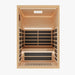 Nuvie infrared sauna with wooden interior and black heating panels for home wellness