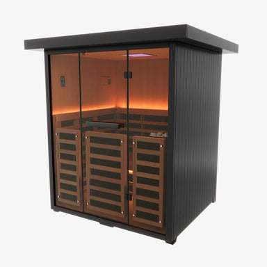 Nuvie modern outdoor SAUNA with glass doors and warm interior lighting