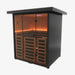 Nuvie modern outdoor SAUNA with glass doors and warm interior lighting