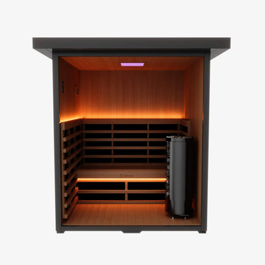 Nuvie modern sauna with wooden interior and warm ambient lighting for relaxing heat therapy