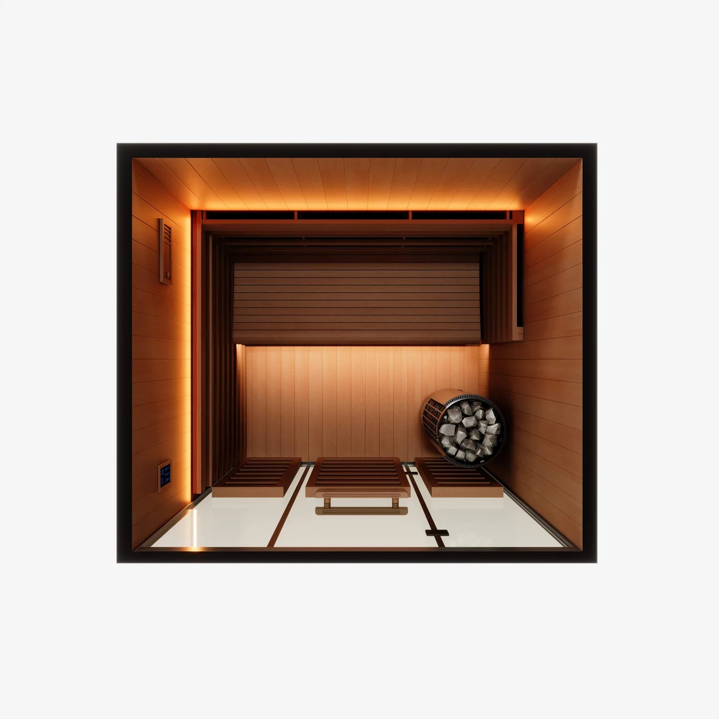 Nuvie modern SAUNA interior with wooden benches and warm ambient lighting from top view