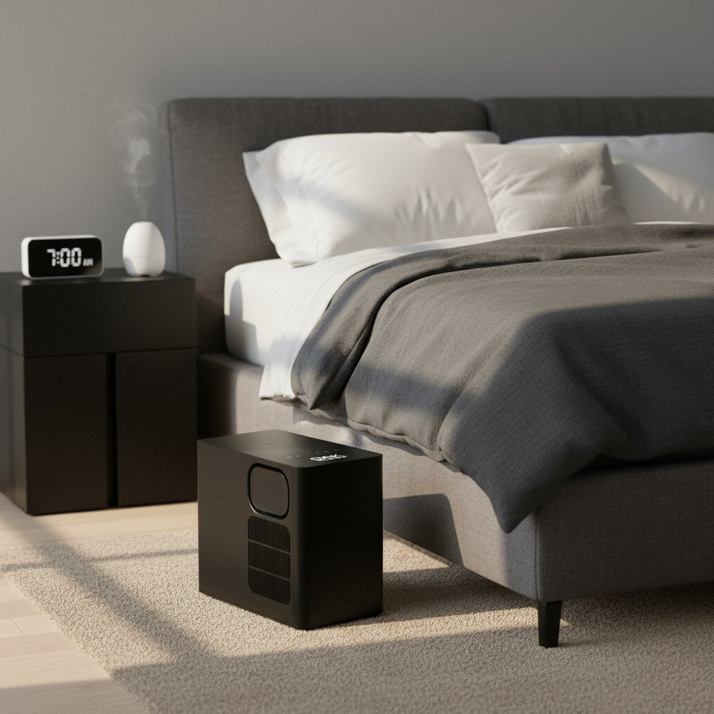 Oak Sleep cooled mattress pad smart device unit placed beside a modern bed with gray bedding