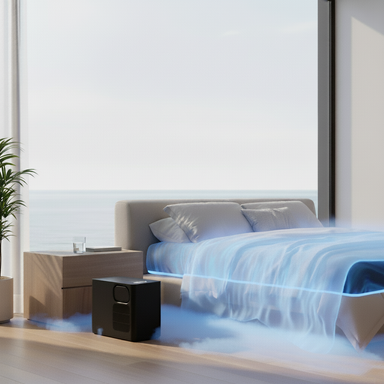 Oak Sleep smart cooled mattress pad on bed with airflow visualization in modern bedroom