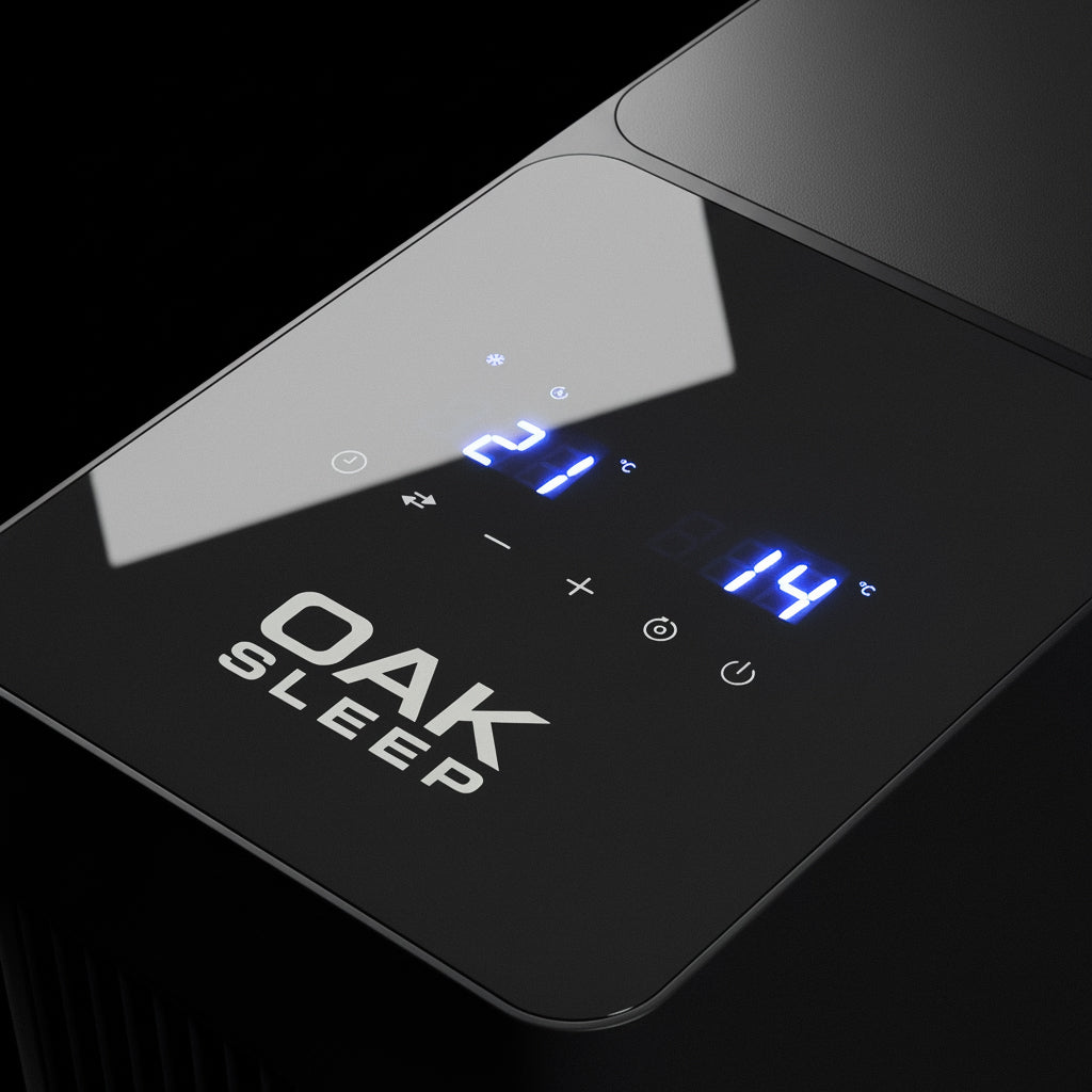 Oak Sleep smart cooled mattress pad control panel with temperature display and touch controls