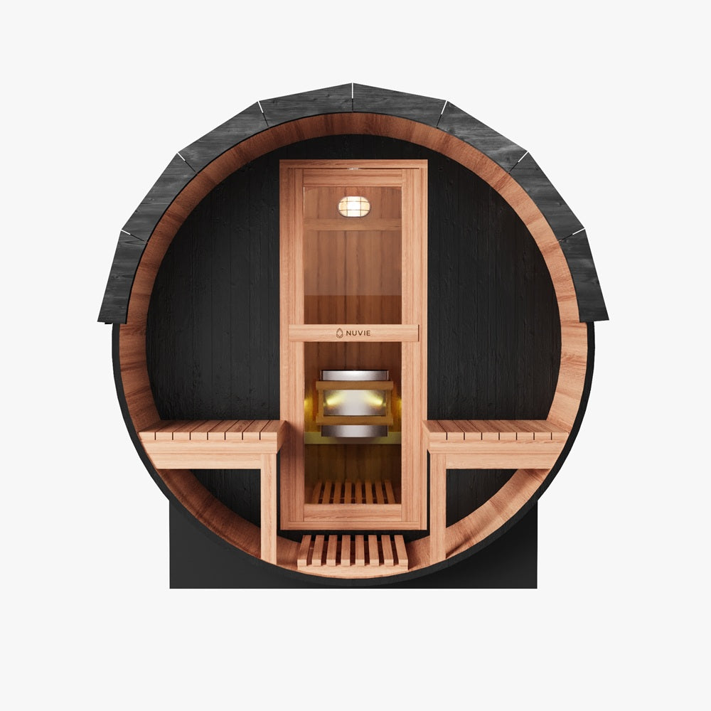 Nuvie outdoor barrel sauna with wooden benches and glass door showcasing interior heater