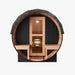 Nuvie outdoor barrel sauna with wooden benches and glass door showcasing interior heater