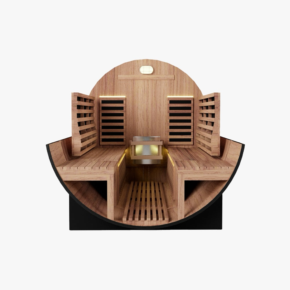 Nuvie outdoor barrel sauna with wooden interior seating and central heater for relaxation