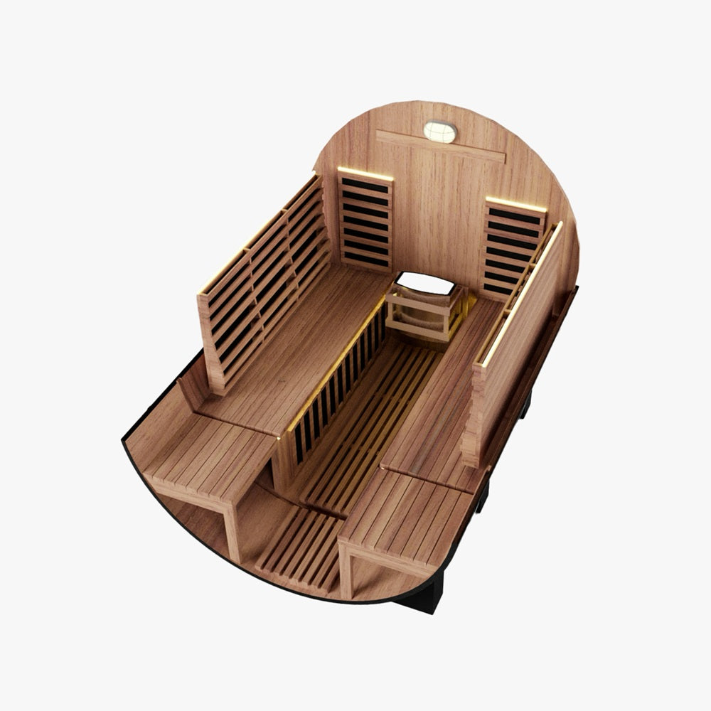 Nuvie outdoor barrel sauna with wooden benches and interior seating for relaxing heat therapy